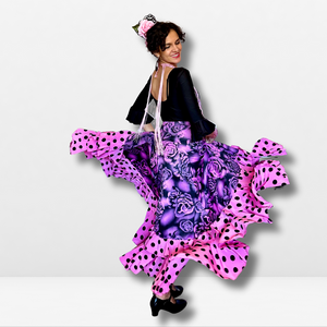 Falda flamenco mujer - Con volantes a topos y estampado floral grande