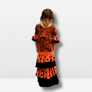 Vestido Flamenco Niña - Estampado floral grande y volante con combinación lisa y topos