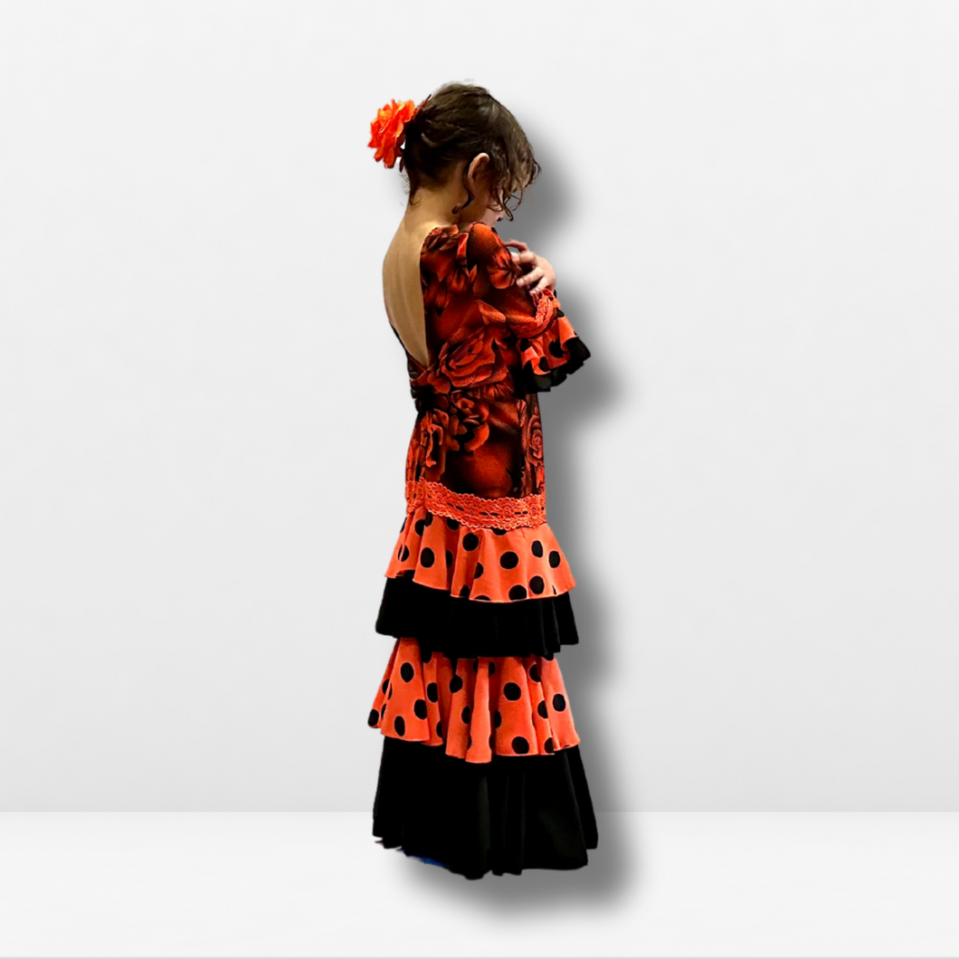 Vestido Flamenco Niña - Estampado floral grande y volante con combinación lisa y topos