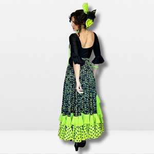 Falda flamenco mujer - Con estampado floral, volante en cascada lateral liso y volante bajo a topos