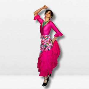 Falda flamenco mujer - Con estampado floral grande y volantes lisos