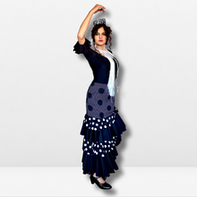 Cargar imagen en el visor de la galería, Falda flamenco mujer - Con estampado a topos grandes y volantes con doble estampado (liso y topos)
