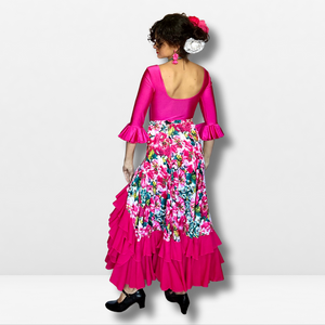 Falda flamenco mujer - Con estampado floral grande y volantes lisos