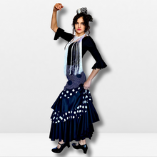 Cargar imagen en el visor de la galería, Falda flamenco mujer - Con estampado a topos grandes y volantes con doble estampado (liso y topos)
