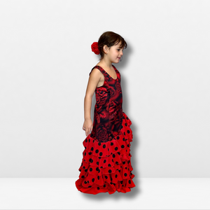 Vestido Flamenco Niña - Estampado floral grande y volante con combinación lisa y topos. Body con tirantes