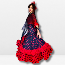 Cargar imagen en el visor de la galería, Falda flamenco mujer - Con estampado a topos, volante liso y volante a topos
