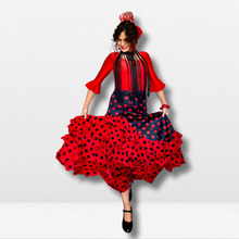 Cargar imagen en el visor de la galería, Falda flamenco mujer - Con volante lateral y bajo a topos
