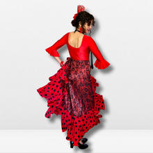 Cargar imagen en el visor de la galería, Falda flamenco mujer - Con volantes a topos y estampado floral
