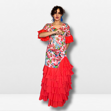 Cargar imagen en el visor de la galería, Vestido flamenco mujer - Con estampado floral multicolor y volantes lisos (mangas y bajo)
