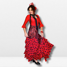 Cargar imagen en el visor de la galería, Falda flamenco mujer - Con volantes a topos y estampado floral
