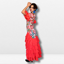 Cargar imagen en el visor de la galería, Vestido flamenco mujer - Con estampado floral multicolor y volantes lisos (mangas y bajo)
