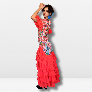 Vestido flamenco mujer - Con estampado floral multicolor y volantes lisos (mangas y bajo)