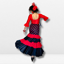 Cargar imagen en el visor de la galería, Falda flamenco mujer - Con estampado a topos y volante bicolor liso
