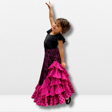 Cargar imagen en el visor de la galería, Falda Flamenca Niña - Volantes lisos, estampado floral y bajo con topos
