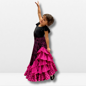 Falda Flamenca Niña - Volantes lisos, estampado floral y bajo con topos