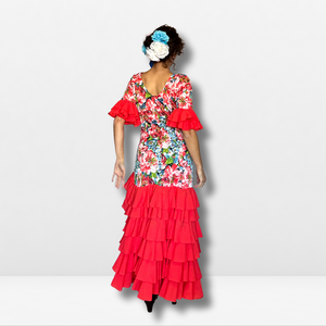 Vestido flamenco mujer - Con estampado floral multicolor y volantes lisos (mangas y bajo)