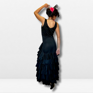 Vestido flamenco mujer - Con tirantes, color liso y cascada de volantes lateral