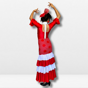 Falda flamenco mujer - Con estampado a topos grandes y volante bicolor liso
