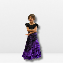 Cargar imagen en el visor de la galería, Falda Flamenca para niña - Estampado floral (rosa) con doble volante liso.
