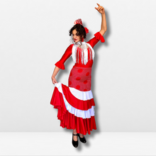 Cargar imagen en el visor de la galería, Falda flamenco mujer - Con estampado a topos grandes y volante bicolor liso
