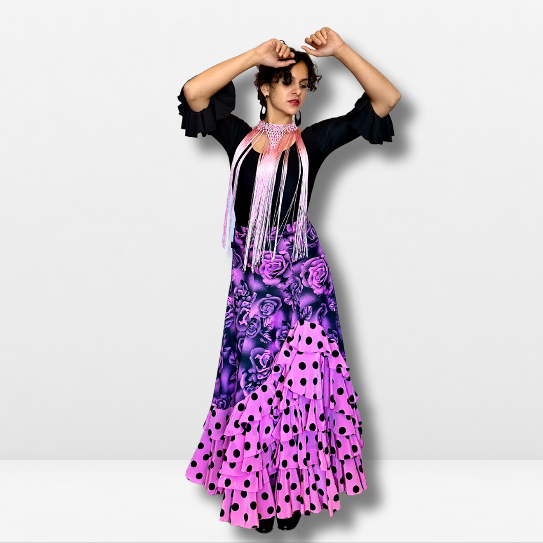 Falda flamenco mujer - Con volantes a topos y estampado floral grande