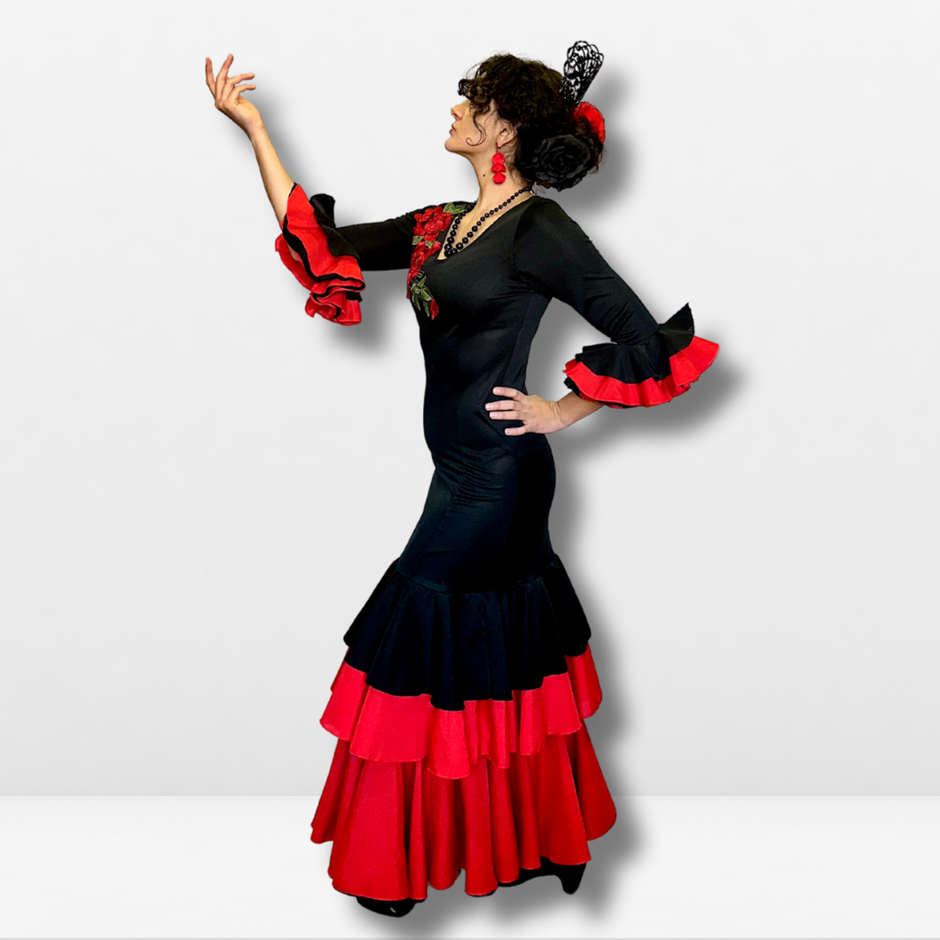 Vestido flamenco mujer - Con bordado floral y volantes bicolor