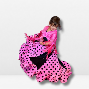 Vestido Flamenco Niña - Doble volante con estampado de topos grandes y body liso