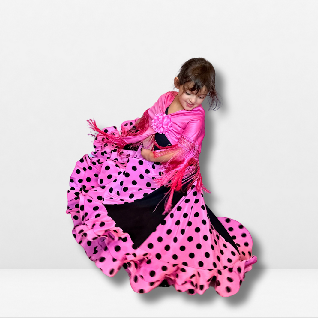 Vestido Flamenco Niña - Doble volante con estampado de topos grandes y body liso