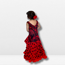 Cargar imagen en el visor de la galería, Vestido Flamenco Niña - Estampado floral grande y volante con combinación lisa y topos. Body con tirantes
