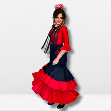 Cargar imagen en el visor de la galería, Falda flamenco mujer - Con triple volante liso y bordado floral
