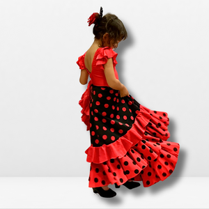 Falda Flamenca Niña - Cinco volantes lisos y bajo con estampado a topos