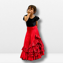 Cargar imagen en el visor de la galería, Falda Flamenca Niña - Cinco volantes a topos y bajo liso
