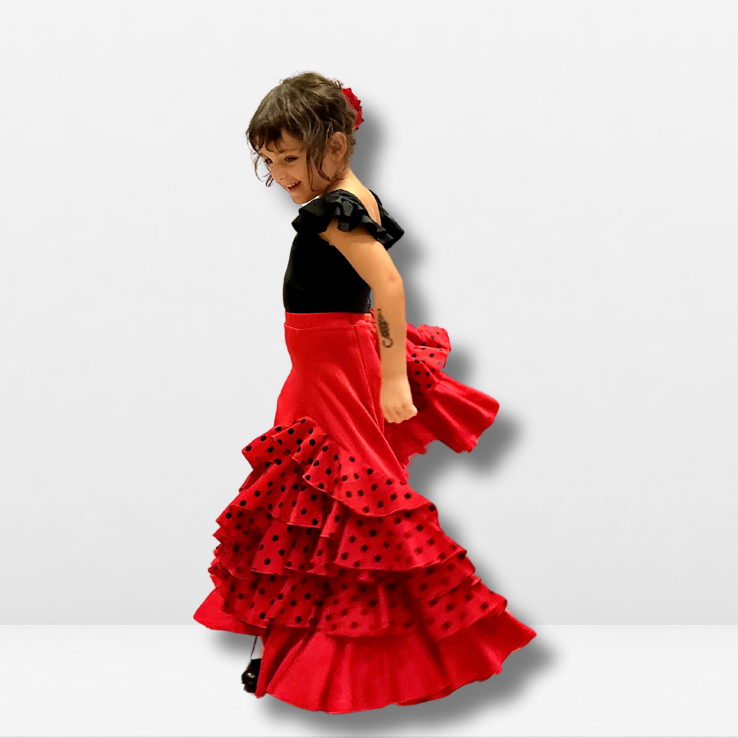 Falda Flamenca Niña - Cinco volantes a topos y bajo liso