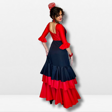 Cargar imagen en el visor de la galería, Falda flamenco mujer - Con triple volante liso y bordado floral
