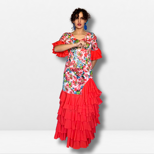 Vestido flamenco mujer - Con estampado floral multicolor y volantes lisos (mangas y bajo)