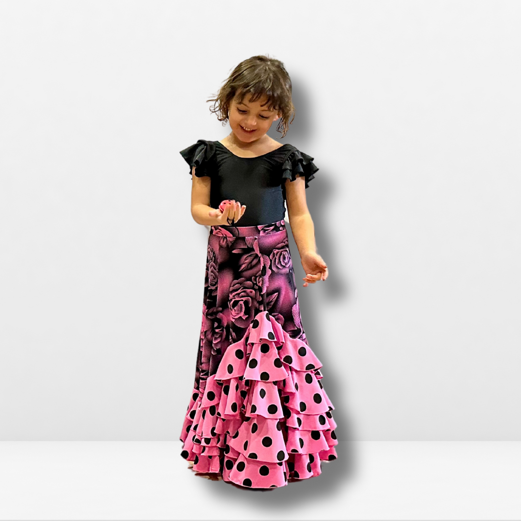 Falda Flamenca para niña - Estampado floral (rosa) con doble volante de topos.